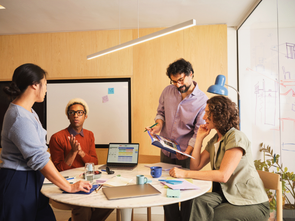 Team meeting in a modern office representing collaborative technology recruitment and hiring activities.